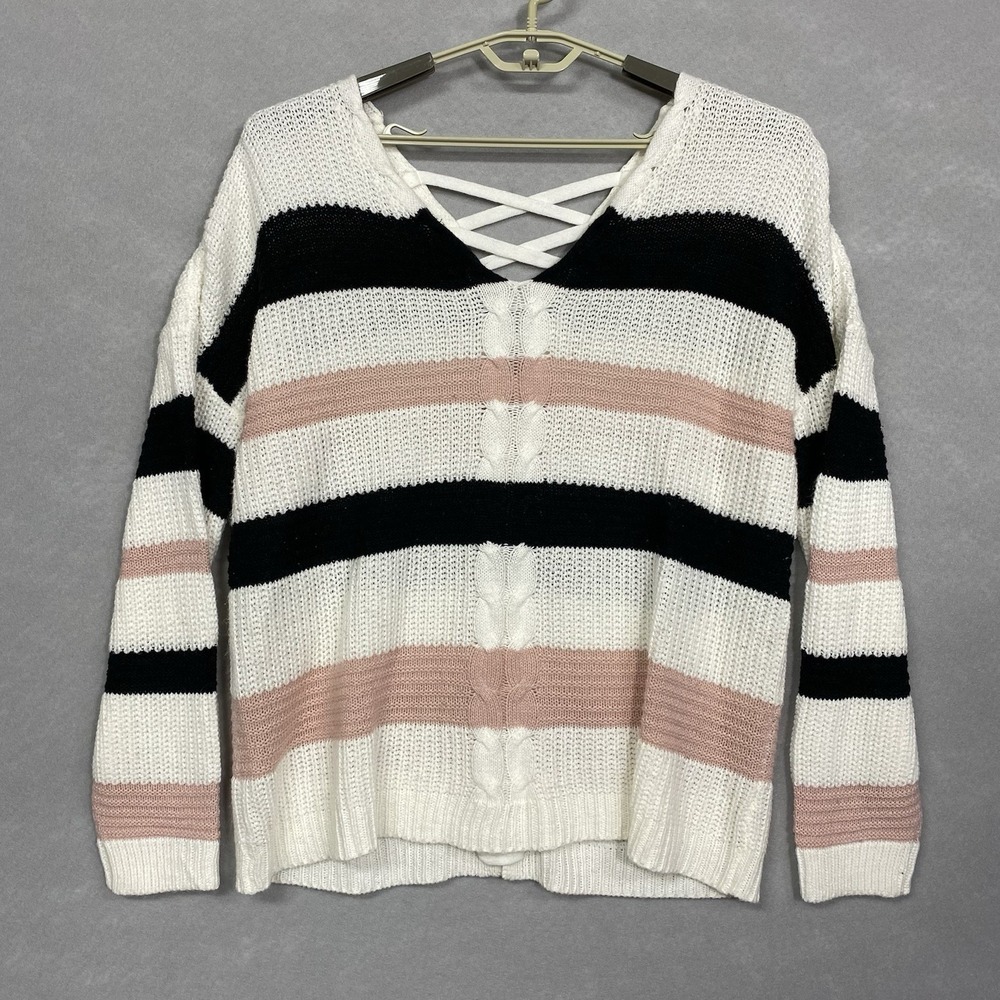 Full Circle Trends Women 3X Sweater Pink Black Striped Lace Up Back Boho Knit